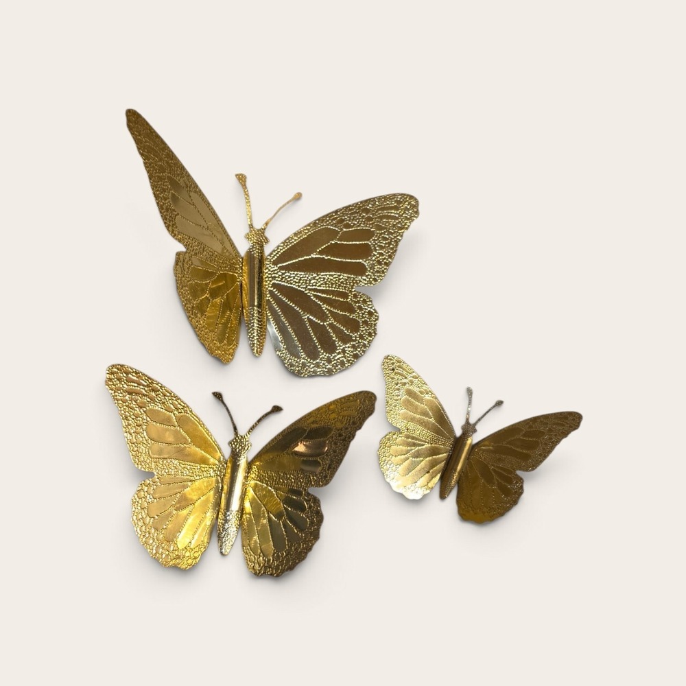 3 Home Interiors Gold Brass Butterfly Wall Decor VTG Metal MCM Cottagecore Boho